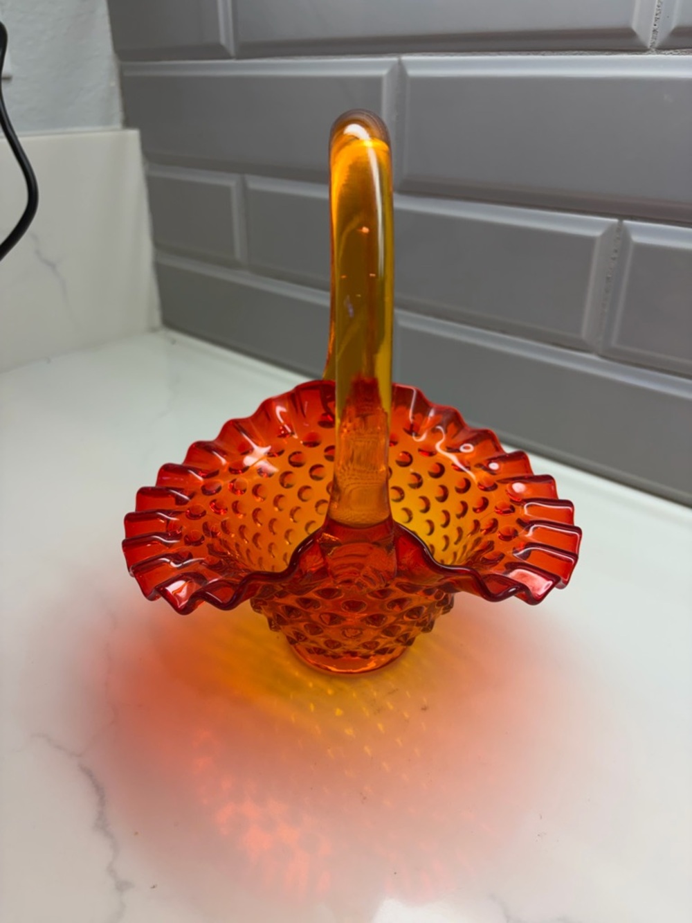 Fenton Orange Amber Hobnail Glass Basket